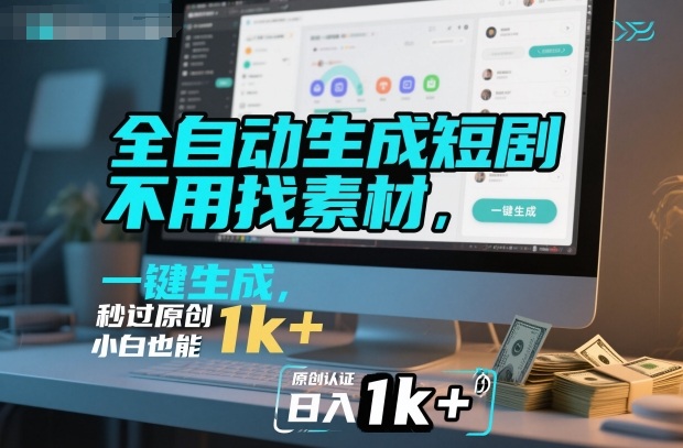 全自动生成短剧,不用找素材,不用剪辑,一键生成,秒过原创,小白也能轻松日入1k+