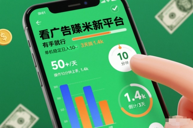 看广告賺米新平台，有手就行，单机稳定日入50+，操作10分钟上手，3天搞了1.4k