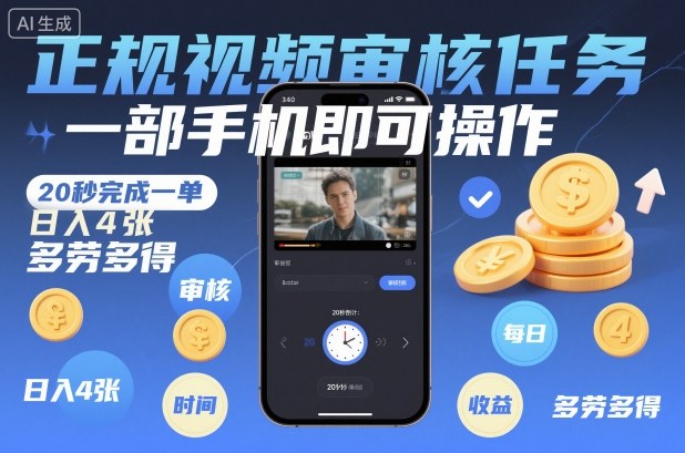 正规视频审核任务，一部手机即可操作，20秒完成一单，日入4张，多劳多得