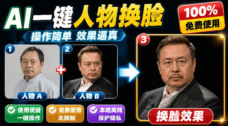(19012期)纯离线本地运行!AI一键人物lian部替换软件,支持图片换lian,效果逼真,最便捷换lian工具FaceSwap