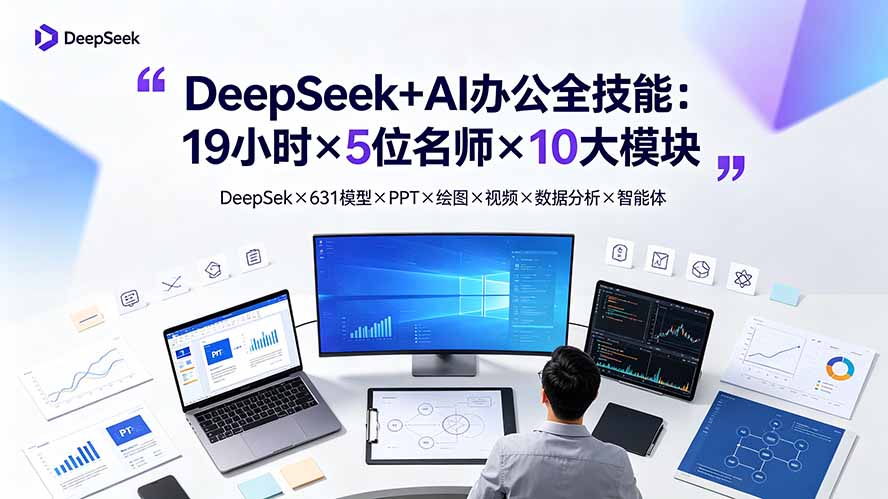 (19411期)DeepSeek+AI办公全技能:19小时×5位名师×10大模块,DeepSeek×631模型×PPT×绘图×视频×数据分析×智能体