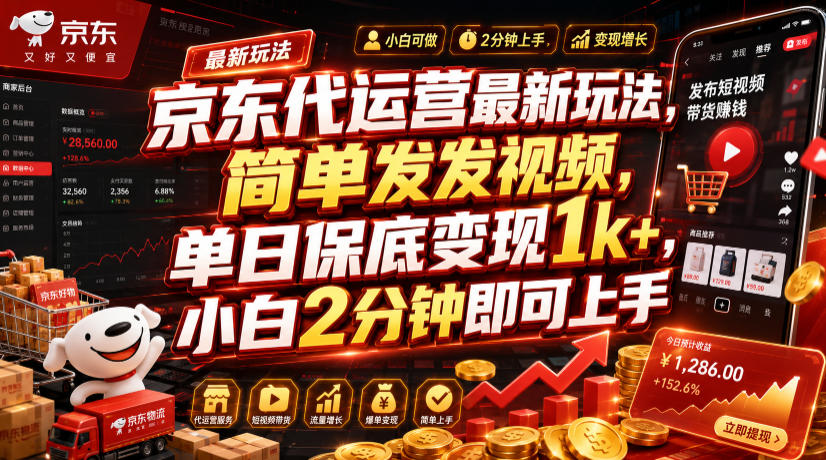 京东代运营最新玩法,简单发发视频,单日保底变现1k+,小白2分钟即可上手