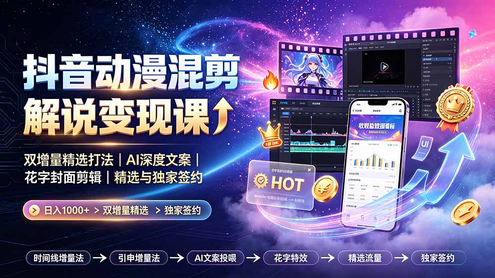(19311期)抖音动漫混剪解说变现课:双增量精选打法|AI深度文案|花字封面剪辑| 精选与独家签约日入1000+